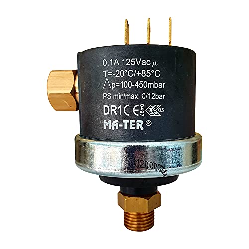 Mater DR1 Differenzdruckschalter 1/4 Zoll | Differenzdruck 100 bis 400mbar einstellbar | Voreinstellung 400mbar | max 125V AC Mater DR1 Differenzdruckschalter 1/4 Zoll | Differenzdruck 100 bis 400mbar einstellbar | Voreinstellung 400mbar | max 125V AC von Mater