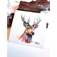 Hirsch Aquarell Bild Bunt | Kunstdruck Von Krafttieren Und Naturmotiven von MatherlandCrafts