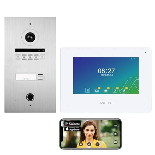MATHFEL 1 Familienhaus 2 Draht Bus WLAN Video-Türsprechanlage, 7 Zoll Monitor mit Full HD 2 Megapixel 170 Grad Weitwinkelkamera -Außenstation in Silber mit RFID und Fingerprint von Mathfel