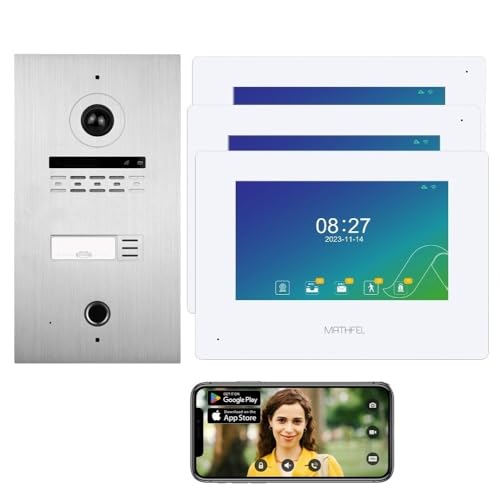 Mathfel 1 Familienhaus 2 Draht Bus WLAN Video-Türsprechanlage, 3x7 Zoll Monitor mit Full HD 2 Megapixel 170 Grad Weitwinkelkamera -Außenstation in Silber mit RFID und Fingerprint von Mathfel