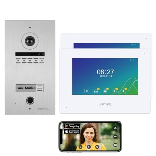 MATHFEL 2 Draht Bus WLAN Video Türsprechanlage, mit Fingerprint, Gegensprechanlage Fischaugenkamera 170 Grad Aluminium Außenstation, 2x7'' Monitor weiß mit WLAN Schnittstelle von Mathfel
