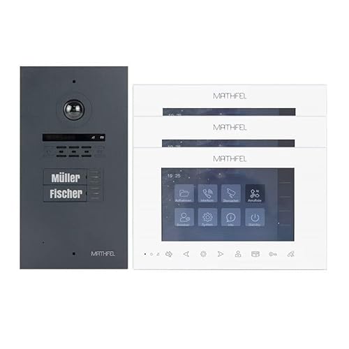 MATHFEL 2 Draht Bus 2 Familienhaus Türsprechanlage Gegensprechanlage Fischaugenkamera 170 Grad, 3x7'' Monitor weiß, Außenstation Alu Anthrazit von Mathfel