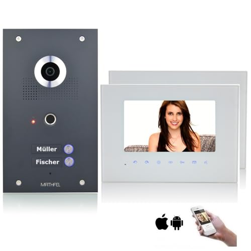 MATHFEL 2-Draht Bus Fingerprint Video Türsprechanlage, 2 Familienhaus Set, 7'' Monitor, Anthrazit, 2x7'' Monitor in weiß von Mathfel