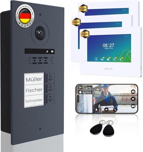 MATHFEL 2 Draht Bus IP 3 Familienhaus Video Türsprechanlage Fischaugenkamera 170 Grad, Außenstation in Aluminium, 3x7'' Monitor Weiß mit RFID Zugangskontroll MATHFEL 2 Draht Bus IP 3 Familienhaus Video Türsprechanlage Fischaugenkamera 170 Grad, Außenstation in Aluminium, 3x7'' Monitor Weiß mit RFID Zugangskontroll von Mathfel