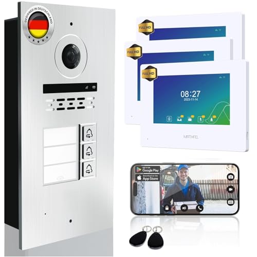 MATHFEL 2 Draht Bus IP 3 Familienhaus Video Türsprechanlage Full HD Fischaugenkamera 170 Grad, Außenstation in Aluminium, 3x7'' WLAN Monitor in weiß, RFID Zugangskontroll MATHFEL 2 Draht Bus IP 3 Familienhaus Video Türsprechanlage Full HD Fischaugenkamera 170 Grad, Außenstation in Aluminium, 3x7'' WLAN Monitor in weiß, RFID Zugangskontroll von Mathfel