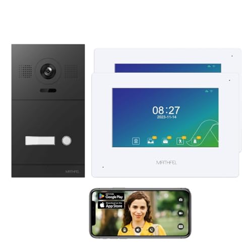 MATHFEL 2 Draht Bus IP Video Türsprechanlage 170 Grad Kamera, Außenstation in Aluminium, Full HD Auflösung (2x7'' Monitor mit WLAN) von Mathfel