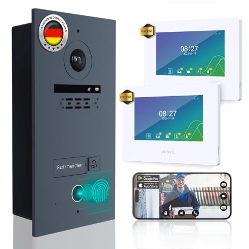 MATHFEL 2 Draht Bus IP Fingerprint Video Türsprechanlage 170 Grad Kamera, Außenstation in Anthrazit, Full HD Auflösung, Einfamilienhaus 2x7'' Monitor mit WLAN von Mathfel
