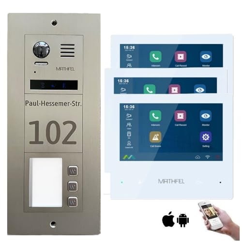 Mathfel 2-Draht-Bus WLAN Video Türsprechanlage RFID - Personalisierte Außenstation inklusive Gravur, ideal für 3 Familienhaus, mit 7'' Monitoren von Mathfel