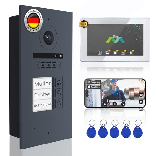MATHFEL 2-Draht-Bus Video-Türsprechanlage – 3-Familienhaus, 170° Weitwinkelkamera, 3X 7-Zoll Touchscreen-Monitor, RFID, Anthrazit Außenstation, WLAN-App und IP65 wetterfest von Mathfel