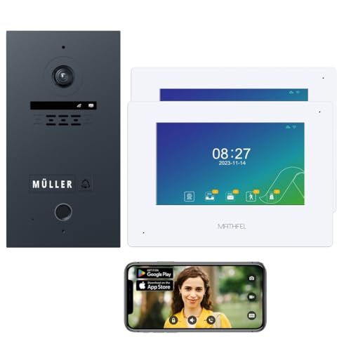 MATHFEL 2 Draht Bus Video Fingerprint Türsprechanlage Gegensprechanlage, Außenstation in Anthrazit mit Gravur, Ultraweitwinkel Kamera 170 Grad, 2x7 Zoll WLAN Touchscreen Monitor Full HD 2 Megapixel von Mathfel