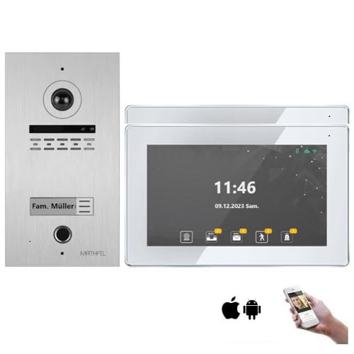 MATHFEL 2 Draht Bus Video Fingerprint Türsprechanlage Gegensprechanlage, Außenstation in Silber mit Gravur, Ultraweitwinkel Kamera 170 Grad, 2x10 Zoll WLAN Touchscreen Monitor Full HD 2 Megapixel von Mathfel