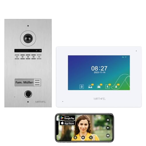 MATHFEL 2 Draht Bus WLAN Video Türsprechanlage mit Fingerprint, Gegensprechanlage Fischaugenkamera 170 Grad Aluminium Außenstation, 1x7'' Monitor weiß mit WLAN Schnittstelle von Mathfel