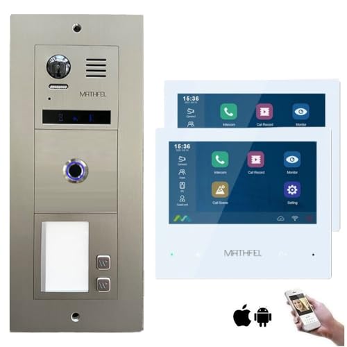 MATHFEL 2-Draht-Bus WLAN Video-Türsprechanlage mit Fingerprint-Sensor - Komplettes Set für 2 Familienhaus mit 2X 7-Zoll-Monitoren von Mathfel