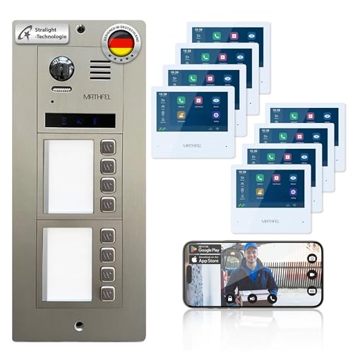 MATHFEL 2-Draht-IP WLAN Video-Türsprechanlage – Komplettset für 8-Familienhäuser mit 8X 7-Zoll-Monitoren, Full-HD-Bildauflösung, Edelstahl-Front und Farbnachtsicht. von Mathfel
