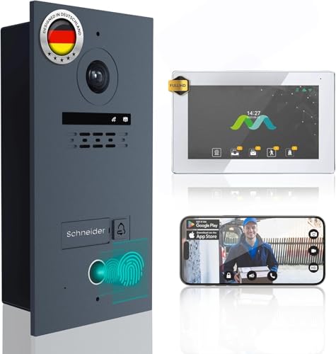 MATHFEL 2 Draht Video Fingerprint Türsprechanlage 1-Familienhaus Full HD 1080p mit 2 Jahren Garantie wetterfest - 2-Draht-Bus-Installation - 170° Kamera, 1X 7-Zoll WLAN-Monitor mit Gegensprechanlage von Mathfel