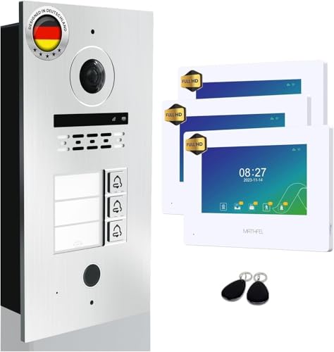 MATHFEL 2 Draht Video Türsprechanlage 3-Familienhaus Full HD 1080p mit 2 Jahren Garantie - Einfache 2-Draht-Bus-Installation - 170° Kamera, 3X 7-Zoll WLAN-Monitor, mit RFID Zugangskontrolle von Mathfel