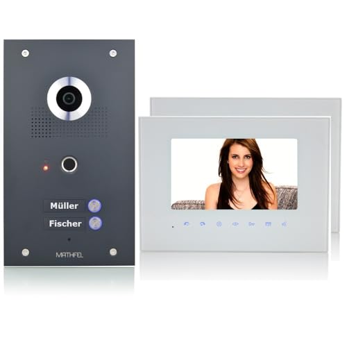 MATHFEL 2 Familienhaus 2-Draht Bus Technik WLAN Video Türsprechanlage mit 170 Grad Kamera aus Edelstahl mit Fingerprint – in Anthrazit mit Gravur Personalisiert (2x7'' Monitore ohne WLAN) von Mathfel
