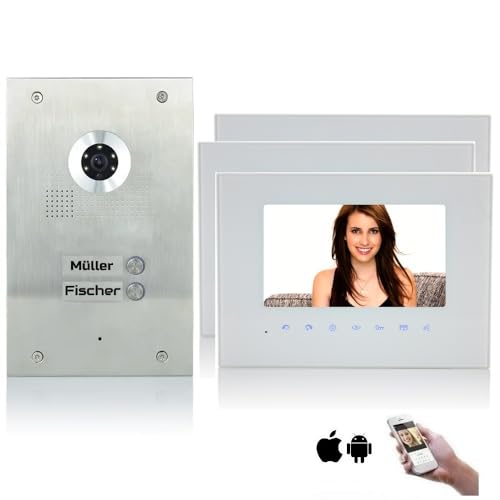 MATHFEL 2 Familienhaus 2 Draht Bus Türsprechanlage 7'' Monitor Kamera 170° Edelstahl, Monitore in Glas, 3x7'' Monitor weiß mit WLAN, Außenstation Silber mit Gravur von Mathfel