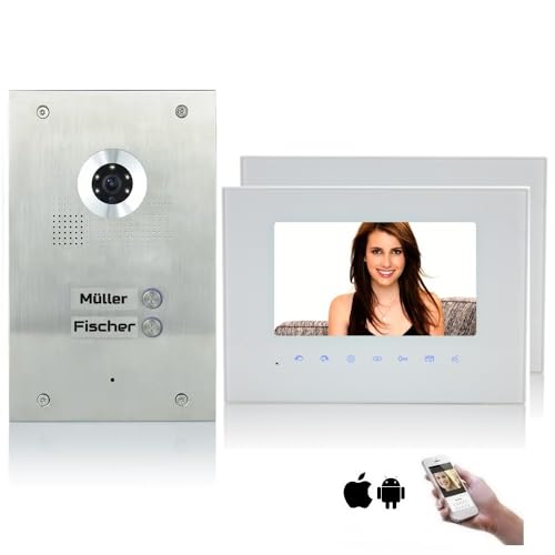 Mathfel 2 Familienhaus 2 Draht Bus Video Türsprechanlage 7'' Monitor Kamera 170° Edelstahl, Monitore in Glas, 2x7'' Monitor weiß mit WLAN Außenstation Silber mit Gravur von Mathfel