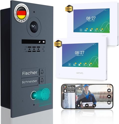 MATHFEL 2 Draht Video Fingerprint Türsprechanlage 2-Familienhaus Full HD 1080p mit 2 Jahren Garantie - 2-Draht-Bus-Installation - 170° Kamera, 2X 7-Zoll WLAN-Monitor, IP65 Wetterfest, Türöffner von Mathfel