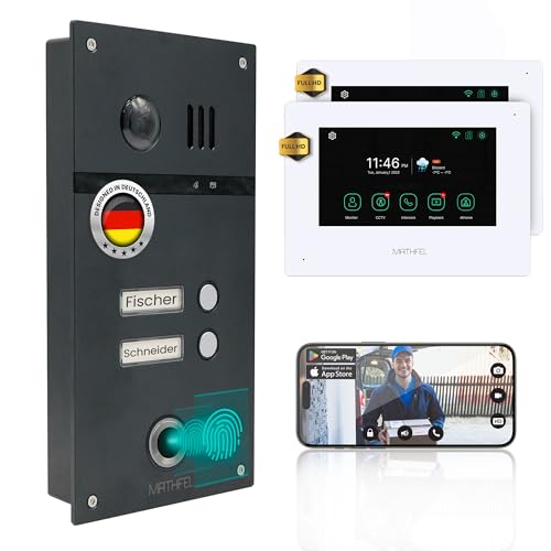 MATHFEL 2 Familienhaus 4 Draht Video Fingerprint Türsprechanlage Gegensprechanlage Fischaugenkamera 170 Grad, 2x7'' Monitor WLAN von Mathfel