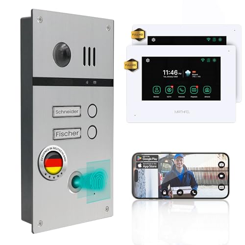 MATHFEL 2 Familienhaus 4 Draht Video Fingerprint Türsprechanlage Gegensprechanlage Fischaugenkamera 170 Grad Full HD, 2x7'' Monitor weiß mit WLAN von Mathfel