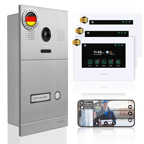 MATHFEL 4 Draht Bus IP Video Türsprechanlage 170 Grad Kamera, Außenstation in Aluminium, Full HD Auflösung (3x Monitore mit WLAN) von Mathfel