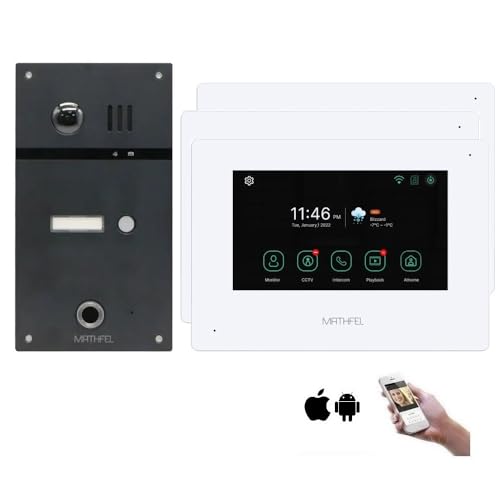 MATHFEL 4 Draht Video Fingerprint Türsprechanlage Gegensprechanlage Fischaugenkamera 170 Grad, Außenstation in Anthrazit, Full HD Auflösung, 3x7'' Monitor Touchscreen weiß mit WLAN von Mathfel