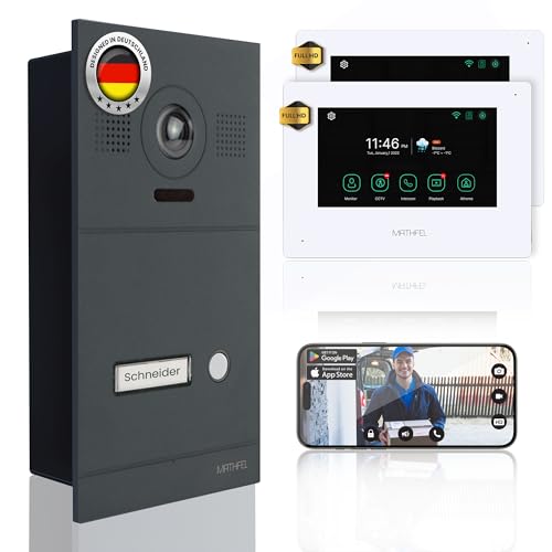 MATHFEL 4 Draht Video Türsprechanlage Gegensprechanlage Fischaugenkamera 170 Grad, HD Auflösung WLAN, Anthrazit Außenstation, Monitore in weiß, 2x7'' Monitor in weiß von Mathfel