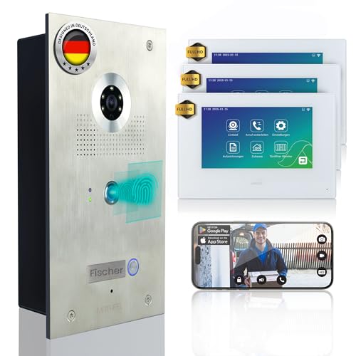 MATHFEL 4 Draht Videotürsprechanlage mit Fingerprint, 170° Weitwinkel-Fischaugen-Kamera in Edelstahl und 7“ Monitor optional WLAN (Mit, 1x7'' Monitor mit WLAN Schnittstelle) von Mathfel