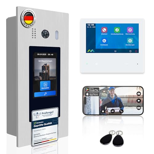 Mathfel 2 Draht BUS Türsprechanlage 1 bis 20 Familienhaus, RFID und Code Zutrittskontrolle, Frontplatte aus Edelstahl und 5 Zoll Touch Display, Monitor Touch Bedienung mit WLAN von Mathfel