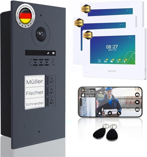 Mathfel 2 Draht Bus IP 3 Familienhaus Video Türsprechanlage Full HD Fischaugenkamera 170 Grad, Außenstation in Aluminium, 3x7'' WLAN Monitor in Anthrazit, RFID Zugangskontrolle. von Mathfel