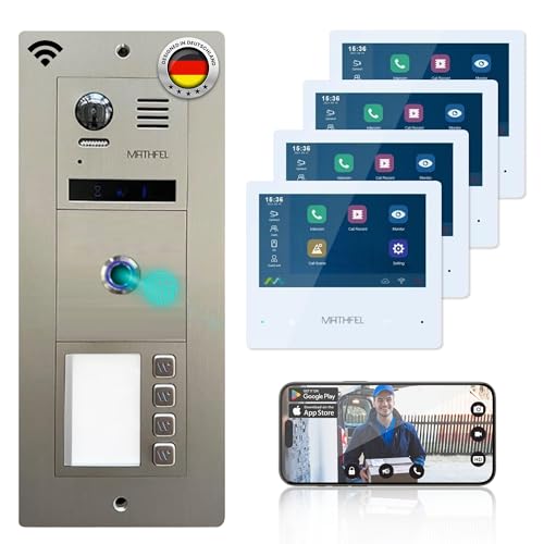 Mathfel 2-Draht-Bus WLAN Video-Türsprechanlage mit Fingerprint-Sensor - Komplettes Set für 4 Familienhäuser mit 4x7-Zoll-Monitoren von Mathfel