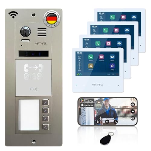 Mathfel 2-Draht-Bus WLAN Video-Türsprechanlage mit RFID Lesergerät - Komplettes Set für 4 Familienhaus mit 4x7-Zoll-Monitoren von Mathfel