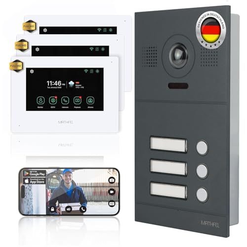 Mathfel 2-Draht IP Video-Türsprechanlage mit Türöffner – Full-HD Kamera, 7" Monitor & App-Steuerung – Smarte Video-Türklingel mit Gegensprechanlage (Anthrazit, 3 Klingeltaster) von Mathfel