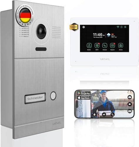 Mathfel 2-Draht IP Video-Türsprechanlage mit Türöffner – Full-HD Kamera, 7" Monitor & App-Steuerung – Smarte Video-Türklingel mit Gegensprechanlage (Silber, 1 Klingeltaster) von Mathfel