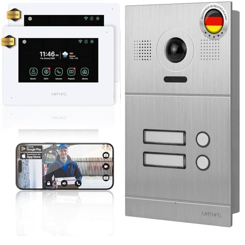 Mathfel 2-Draht IP Video-Türsprechanlage mit Türöffner – Full-HD Kamera, 7" Monitor & App-Steuerung – Smarte Video-Türklingel mit Gegensprechanlage (Silber, 2 Klingeltaster) von Mathfel