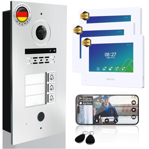 Mathfel 2 Draht Video Türsprechanlage 3-Familienhaus Fingerprint Full HD Fischaugenkamera 1080p mit 2 Jahren Garantie - Einfache 2-Draht-Bus-Installation - 170° Kamera, 3X 7-Zoll WLAN-Monitor weiß von Mathfel