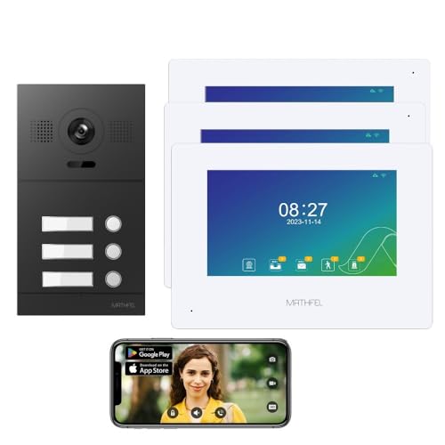 Mathfel 3 Familienhaus - 2 Draht Bus IP - Video Türsprechanlage mit Full HD Kamera, in RAL7016 Anthrazit, 3X 7'' Monitor in weiß, Touchscreen, Smartphone App von Mathfel
