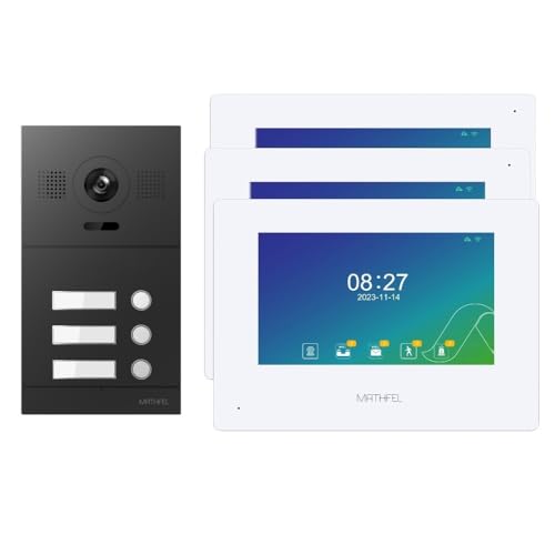 Mathfel 3 Familienhaus - 2 Draht Bus IP - Video Türsprechanlage mit Full HD Kamera, in RAL7016 Anthrazit, 3X 7'' Monitor in weiß, Touchscreen von Mathfel