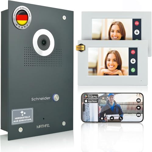 Mathfel IP WLAN Video Türsprechanlage 1-Familienhaus Anthrazit Unterputz - 170° Weitwinkel, 2 x 7 Zoll Monitor Full-HD, Nachtsicht, App-Steuerung - IP Türklingel mit Kamera, Türklingelanlage WLAN von Mathfel
