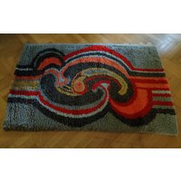 Wollteppich Handgeknüpft Pop Art Boho Teppich Siebziger Jahre Vintage 1970Er von MathildaVintage