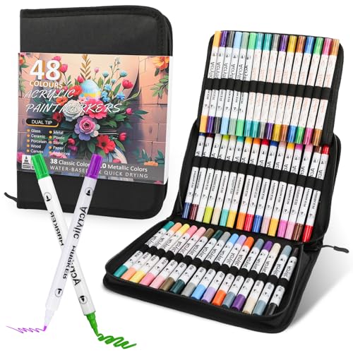 48 Farbiger Acrylstifte Set Wasserdicht Doppelspitze Design Acrylic Marker Geeignet für Verschiedene Oberflächen Multimarkerstift mit Tasche von Mative