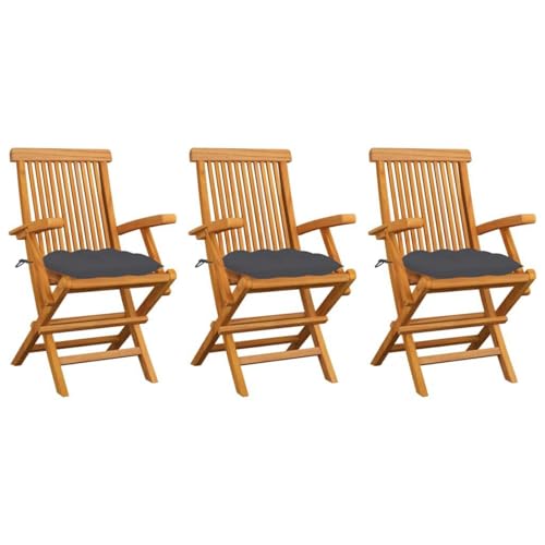 Gartenstühle 3 Stück aus Massiv Teakholz mit Anthrazit Kissen Kissen,robust, langlebig & komfortabel,ideal für Terrasse, Balkon & Garten von Matomn
