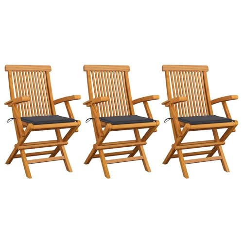 Gartenstühle 3 Stück aus Massiv Teakholz mit Anthrazitfarbenes Kissen,robust, langlebig & komfortabel,ideal für Terrasse, Balkon & Garten von Matomn