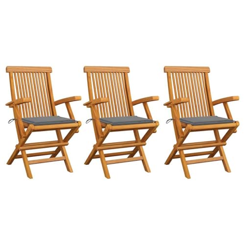 Gartenstühle 3 Stück aus Massiv Teakholz mit Grauen Kissen Kissen,robust, langlebig & komfortabel,ideal für Terrasse, Balkon & Garten von Matomn