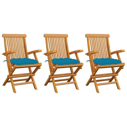 Gartenstühle 3 Stück aus Massiv Teakholz mit hellblauen Kissen,robust, langlebig & komfortabel,ideal für Terrasse, Balkon & Garten von Matomn