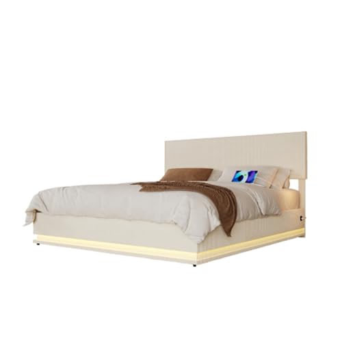 Matomn 140x200 cm Samt-Bettrahmen mit LED & USB - Hydraulisches Stauraumbett mit flachem Nudelrahmen, beige von Matomn