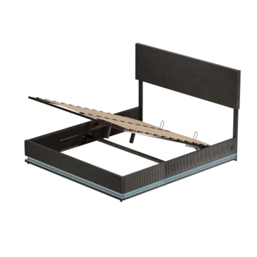 Matomn 180x200 cm Samt-Bettrahmen mit LED & USB - Hydraulisches Stauraumbett mit flachem Nudelrahmen, dunkelgrau von Matomn