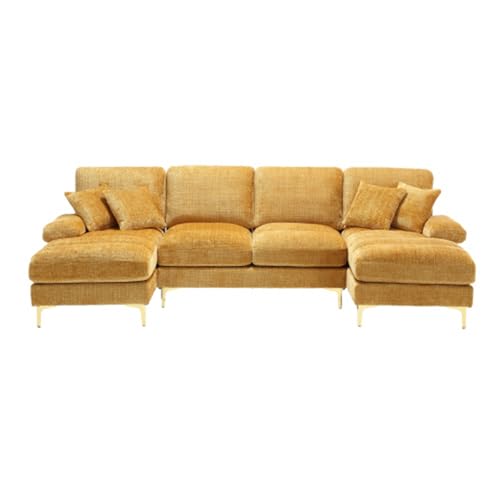 Matomn Modernes Chenille U-Form Sektionssofa,Doppelte Liegefunktion,Für Wohnzimmer Schlafzimmer Büro,Wohnung Villa & Kaminbereich (Senfgelb) von Matomn